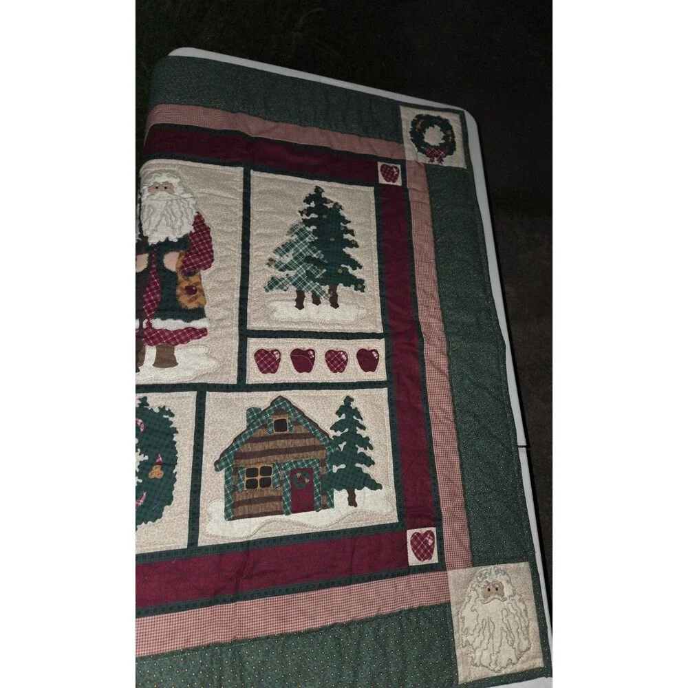 Vintage Primitive Christmas Quilt Wall Hanging Log Cabin Father Christmas Santa